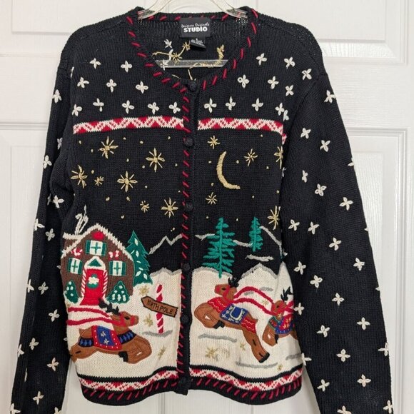 Ugly Christmas Cardigan Womens Size Small Black Embroidered North Pole Knit - Picture 2 of 10